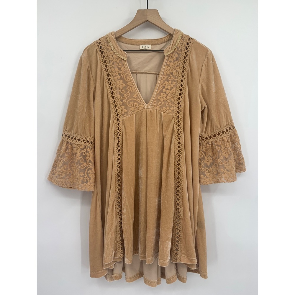 POL Velvet Dress Womens Large Tan Babydoll Lace Trim Boho Bell Sleeve Fall